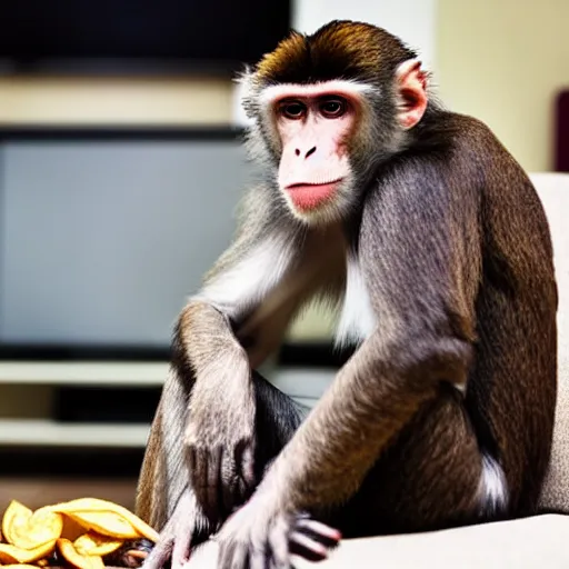 Prompt: a monkey sitting on a sofa, eating chips and watching TV, side view, wide angle lens, professional photo