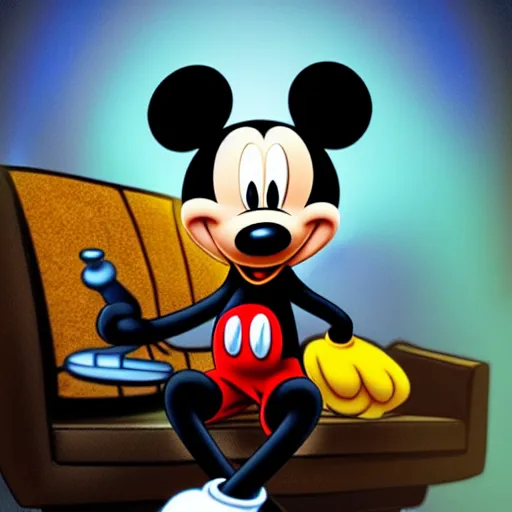 Image similar to mickey mouse with stoned eyes smoking a bong while sitting on a couch, messed apartment, amazing digital art, highly detailed