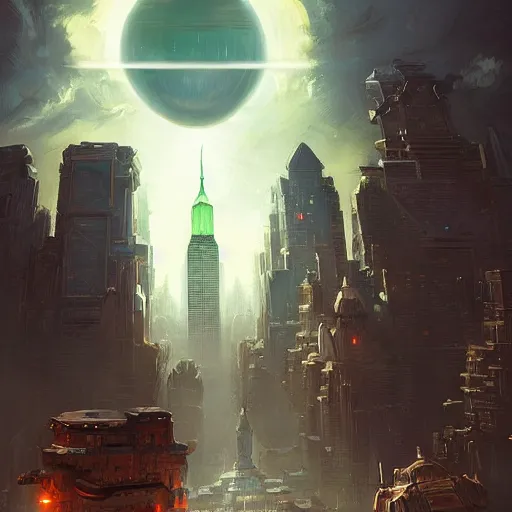Image similar to A rococo spaceship hovering above the New York skyline, by andreas rocha, sci-fi featured on artstation
