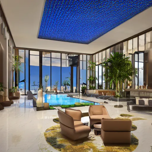 Image similar to realistic luxury hotel lobby interior in miami with pools in the background, corona render, detailed, symmetrical, minimal, clean, vegetation, herzog and de meuron