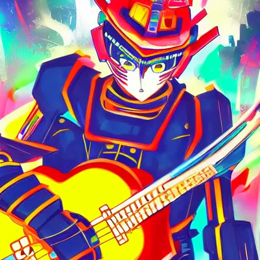 Prompt: samurai robot guitarist. Vibrant colors. Mecha anime key art