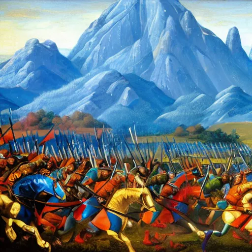 Image similar to colorful simple wideshot of a medieval battle in front of a beautiful blue mountainscape, painting