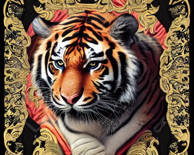 Prompt: a very elaborate elaborated huge standalone hyperrealistic photorealistic royal tiger wearing shades, art nouveau rococo in the style of caravaggio. unexpected maximalist fabric elements hd 8 x matte background in vibrant pastel tones