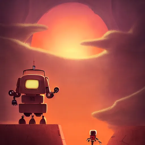 Prompt: a photo of a robot protecting a child during the apocalypse by laika studios, detailed, dynamic perspective, ghibli - style, disney - style, orange sky, realistic shading, mixed media