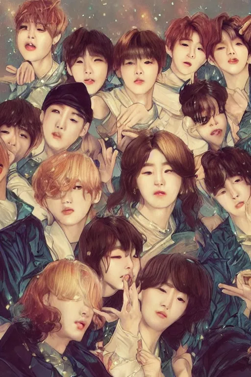 Prompt: beautiful cottagecore BTS k-pop band on stage, fans are screaming, phone wallpaper. intricate, elegant. the background is babylue !. highly detailed, digital painting, artstation, concept art, smooth, sharp, focus, illustration. . art by artgerm and greg rutkowski and alphonse mucha