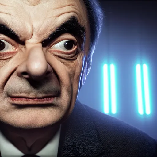 Image similar to mr. bean is darth sidious in star wars, 4 k, studio portrait, photography, cinematic lighting, highly detailed