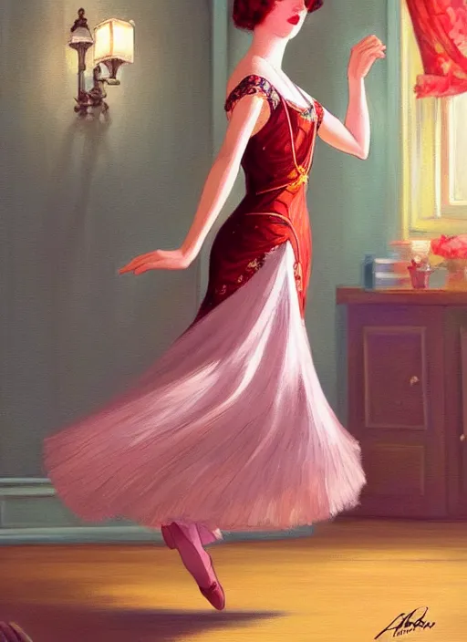 Image similar to a beautiful girl in 1920's fashion dancing the Charleston, living room background, intricate, highly detailed, digital painting, artstation, official media, anime key visual, concept art, rich vivid colors, ambient lighting, sharp focus, illustration, art by Artgerm, Makoto Shinkai, Ilya Kuvshinov, Lois Van Baarle, and Rossdraws