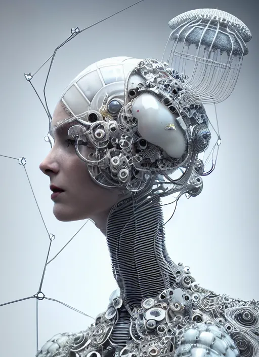 Prompt: portrait of an absurdly beautiful, graceful, sophisticated, fashionable cyberpunk mechanoid, hyperdetailed illustration by irakli nadar and alexandre ferra, intricate linework, white porcelain skin, faberge, jellyfish headdress, octane render, global illumination, bright 3 point light, detailed and intricate environment