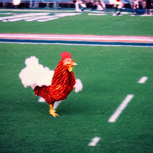 Image similar to the famous funky chicken runs across a football field, interrupting the big game, 3 5 mm