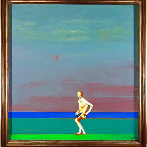 Image similar to a running man on the beach, long arm, painted by Asger Jorn, Peter Doig, minimalist oil paint with thick brushstrokes of paint, ultra detailed 16k