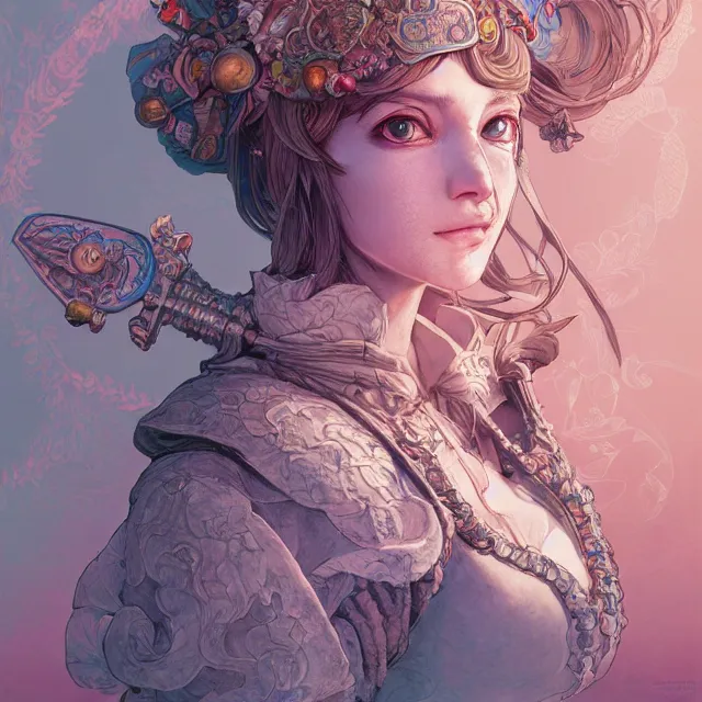 Image similar to the portrait of neutral good colorful female cleric bard as absurdly beautiful, gorgeous, elegant, skinny gravure idol, an ultrafine hyperdetailed illustration by kim jung gi, irakli nadar, intricate linework, sharp focus, bright colors, octopath traveler, final fantasy, unreal engine 5 highly rendered, global illumination, radiant light, detailed and intricate environment