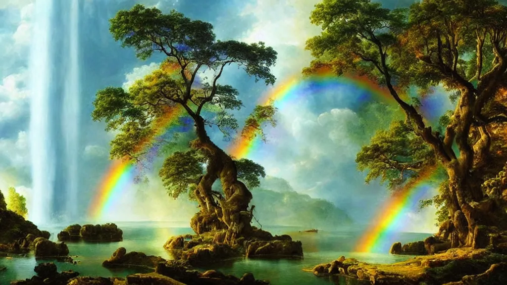 Image similar to the most beautiful panoramic landscape, oil painting, a waterfall creates a rainbow, huge and ancient trees, cinematic lighting, highly detailed, very realistic