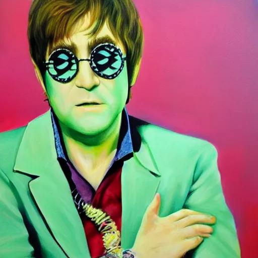 Image similar to elton john lennon wearing an outfit with green apple designs, oil painting, ultradetailed, artstation