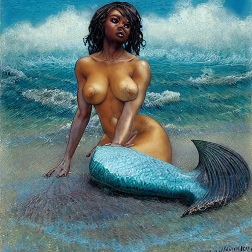 Image similar to jada fire as a beautiful mermaid emerging from the ocean, art by Edgar Maxence and Ross Tran and Michael Whelan