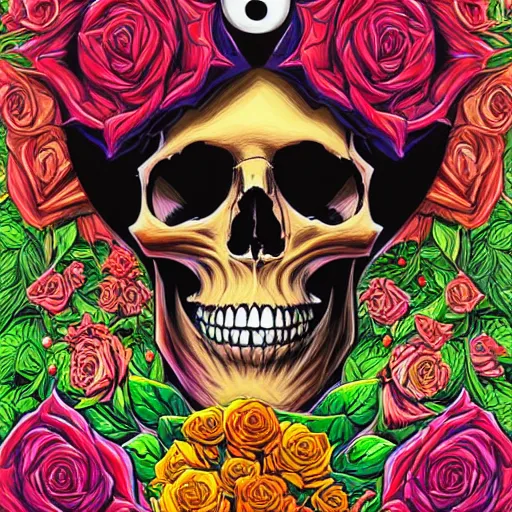 Prompt: ortographic view of a large skull and vivid roses by Jen Bartel and Dan Mumford and Satoshi Kon, gouache illustration