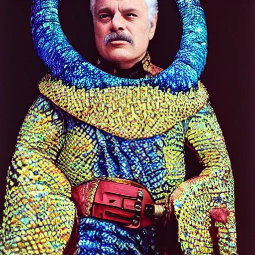 Prompt: Jodorowsky's Dune movie, Marlon Brando as Baron Harkonnen, mail coif!!! and outfit covered in colorful scales and jewels, cinematic, cinestill 400t film