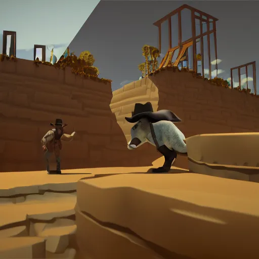 Prompt: Screenshot of a 3D platformer, Cowboy themed, Art deco influence, Unreal Engine, tech demo, Desert, Rembrandt, Stylistic, cartoony, Ray tracing