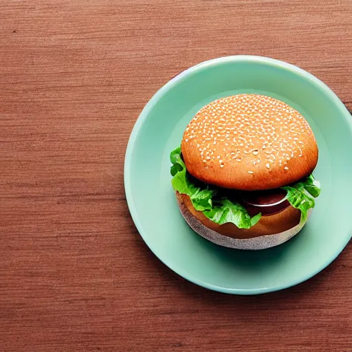 Prompt: hamburger made from lab grown meat photo with blue bun