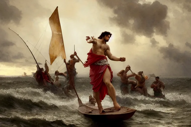 Prompt: ancient historically accurate depiction of Bible Character walking on water during a storm, a small fishing sailboat with scared sailors on board, dramatic lighting by frank miller, illustration by Ruan Jia and Mandy Jurgens and William-Adolphe Bouguereau, Artgerm, 4k, digital art, surreal, space dandy style, highly detailed, godsend, artstation, digital painting, concept art, smooth, sharp focus, illustration by Ruan Jia and Mandy Jurgens and William-Adolphe Bouguereau, Artgerm