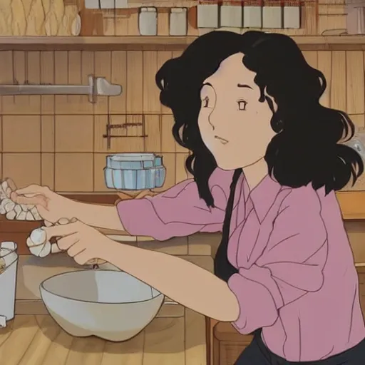 Image similar to portrait of a woman with dark curly hair in a pink shirt and high-rise jeans making sourdough in sunlit kitchen, hyper detailed, by studio ghibli