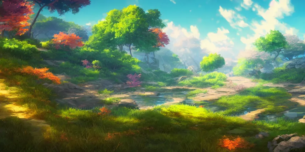 Image similar to beautiful nature environment from genshin impact, game art, in game screenshot, beautiful colors, 8 k, detailed, award winning, popular on artstation, by a famous game concept artist, anime style, nostalgic