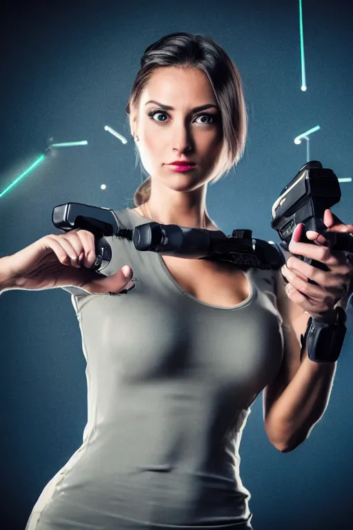 Image similar to a photo of a beautiful woman with a laser gun in her hands, ready for action. detailed eyes. full body. pretty face. tight clothes. moody lighting. highly detailed.