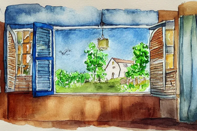 Image similar to rays of the morning sun shining through the window of the village house. very beautiful, clear sky, warm shiny colors, watercolor drawing