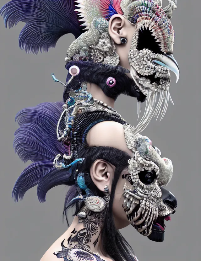 Image similar to 3 d goddess close - up profile portrait punk with mohawk with ram skull. beautiful intricately detailed japanese crow kitsune mask and clasical japanese kimono. betta fish, jellyfish phoenix, bio luminescent, plasma, ice, water, wind, creature, artwork by tooth wu and wlop and beeple and greg rutkowski