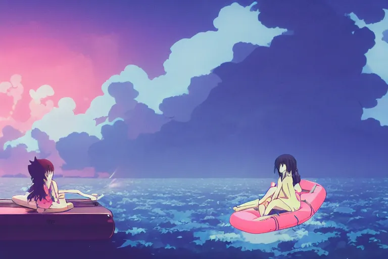 Image similar to anime woman sleeping on a raft, misty, night time, storm in distance, wide angle, by studio ghibli, anime, hazy, foggy, ambient lighting, 8 k, neon, synthwave,