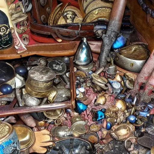 Prompt: a pirate's treasure hoard, hidden in a cave