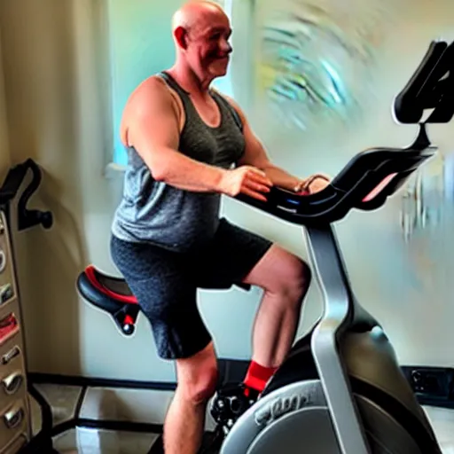 Image similar to chonky bald head with a grey closely shaven beard ethan van sciver working out vigorously on his peloton exercise bike