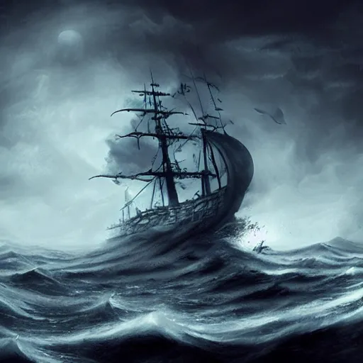 Prompt: ghostly pirate ship sailing on a raging sea, concept art, highly detailed, intricate, dark colour, tense atmosphere, night sky full of star