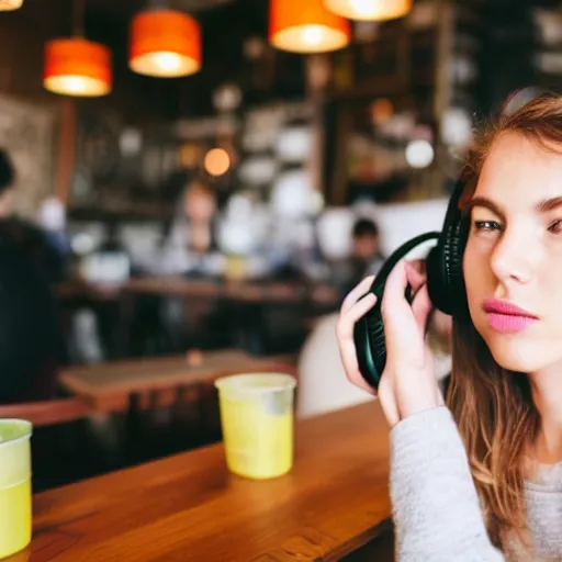 Image similar to girl using a headphone in a cafe