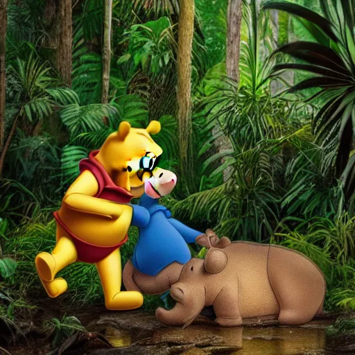 Image similar to Winnie the Pooh kissing a hippo in the jungle. Sony a7r IV, symmetric balance, polarizing filter, Photolab, lightroom, 8k, award-winning