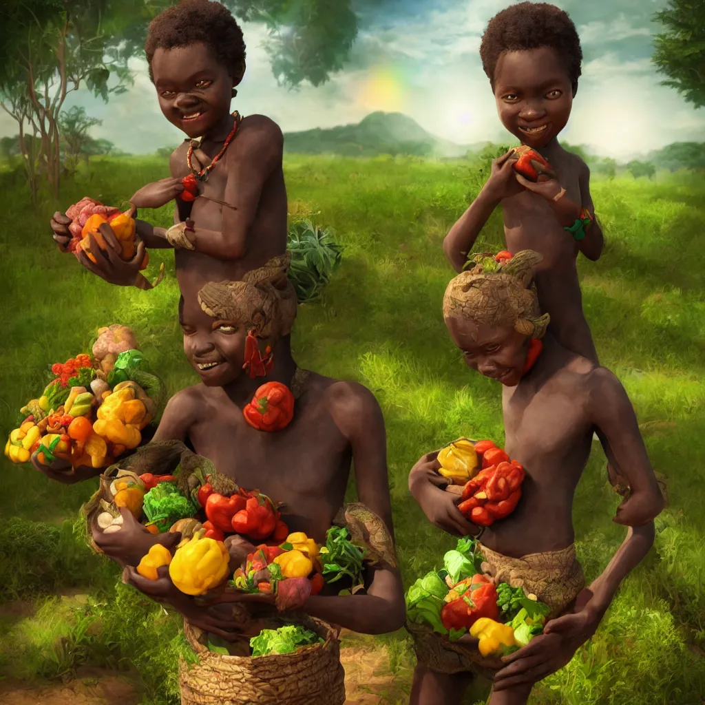 Image similar to Portrait of a Happy African child carrying vegetables in landscape with farm vegetables growing, intricate African jewelry rainbow warrior semi realistic comic, octane render, semi realistic comic art Dr Zeus, happy concept art Akitipe studios, cinematic volumetric lighting, ethereal divine details, Leonardo DaVinci detail A harmonious integration+8k