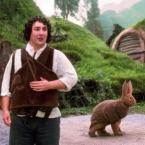 Image similar to clean shaven pudgy British lad with short curly dark brown hair as a hobbit wearing a white men's crossbody sling chest bag and blue vest standing next to a giant rabbit, blue vest! white crossbody chestbag! high resolution film still, movie by Peter Jackson