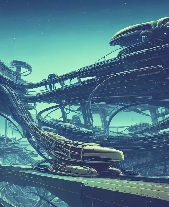 Image similar to simplicity, a roller coaster made out of simple weird organic creatures, in the style of a streamlined asymmetrical spaceship, bleak apocalyptic environment, by dan mumford, yusuke murata, makoto shinkai, ross tran, cinematic, unreal engine, cel shaded, featured on artstation, pixiv