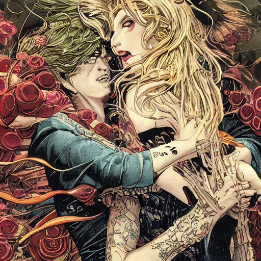 Image similar to closeup of vampire kiss, by yoichi hatakenaka, masamune shirow, josan gonzales and dan mumford, ayami kojima, takato yamamoto, karol bak