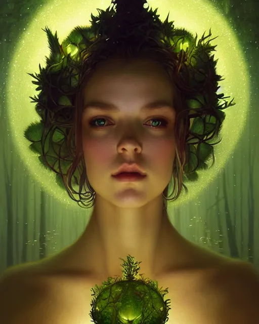 Image similar to symmetry portrait of moss princess, glam, fae, fireflies, forest background, intricate, elegant, highly detailed, digital painting, artstation, concept art, smooth, sharp focus, illustration, art by artgerm and greg rutkowski and fra angelico and alphons mucha