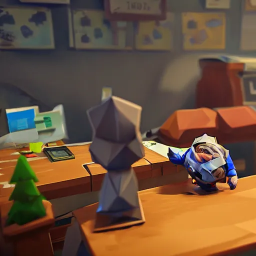 Image similar to A low poly dwarf peeking over his desk surprised at the amount of mail on the desk, deep rock galactic screenshot