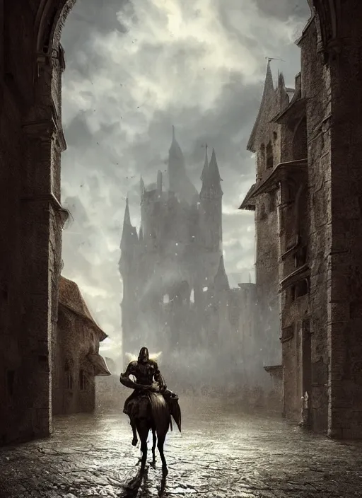 Prompt: knight on his horse stranding infront of a huge medieval castle gate, gothic, brutalist architecture, dramatic lighting, cinematic, establishing shot, extremly high detail, foto realistic, cinematic lighting, post processed, concept art, artstation, matte painting, style by eddie mendoza, raphael lacoste, alex ross