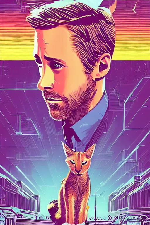 Image similar to a portrait of Ryan Gosling holding a cute caracal with thunders in the sky in a future cybernetic city, outrun style and colours, trending on arstation, by dan mumford, by ross tran