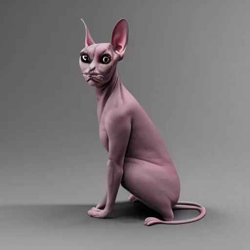 Image similar to Sphynx cat standing like a man, with pectoral muscles, wearing a fabric jacket, long tattoos on her hands, 3d render