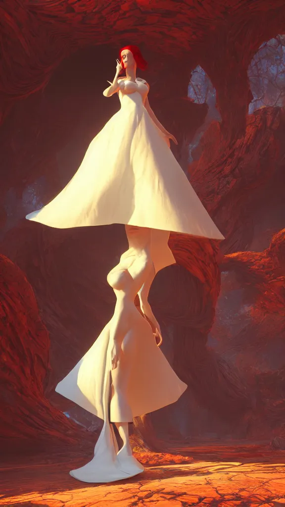 Prompt: a mysterious woman with red hair and white gown, DMT imagery, Octane render, PBR, path tracing. subsurface scattering. By Syd Mead and Tyler Edlin and Paul Lehr and Albert Bierstadt