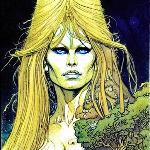 Image similar to a realistic and atmospheric watercolour fantasy character concept art portrait of brigitte bardot as a druidic warrior wizard looking at the camera with an intelligent gaze by rebecca guay, michael kaluta, charles vess and jean moebius giraud