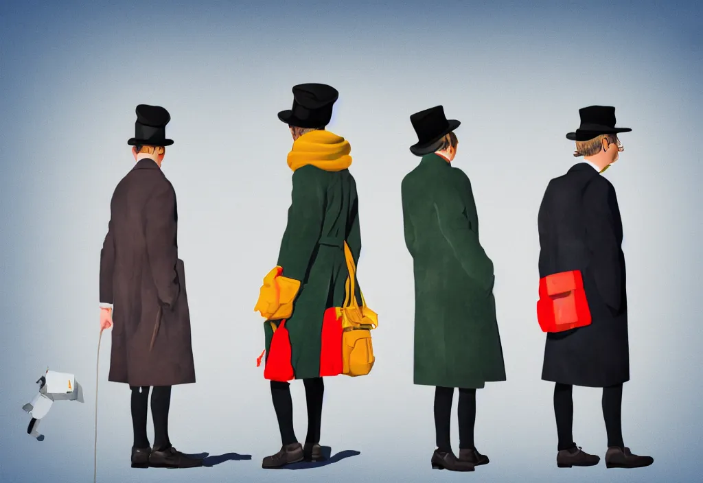 Image similar to full body portrait of a trio of young european tourists long coat travel apparel, with nikon cameras, various poses shooting photos, character designs painting, in the style of wes anderson, rene magritte, lola dupre, david hockney, isolated on white background, dark monochrome neon spraypaint accents volumetric octane render