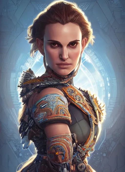 Image similar to symmetry!! portrait of natalie portman in the style of horizon zero dawn, machine face, intricate, elegant, highly detailed, digital painting, artstation, concept art, smooth, sharp focus, illustration, art by artgerm and greg rutkowski and alphonse mucha, 8 k