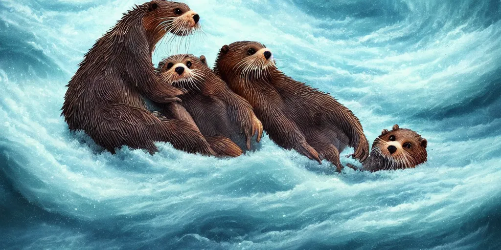 Image similar to beautiful fantasy illustration hyper detailed a pair of cute otters falling in love holding hands in a huge storm at sea cinematic dreamlike trending on artstation masterpiece