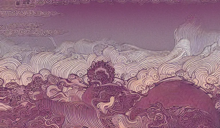 Prompt: 1975 a group of samurai fire glitchcore landscape, Precise and Intricate Linework, Art Nouveau Cosmic 4k Detailed Matte Illustration trending on IllustrationX ,CGSociety, Slate grey and Mauve color scheme, Pastiche by Stanisław Wyspiański, Pastiche by Pascal Blanché