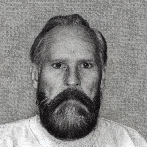 Prompt: A mugshot portrait of a old man who looks like Jerma985 with a mid-length horseshoe haircut with a beard, wearing mid-1980s menswear in the late 2008, taken in the late 2010s, grainy, realistic, hyperrealistic, very realistic, highly detailed, very detailed, extremely detailed, detailed, trending on artstation, front facing, front view, headshot and bodyshot, detailed face, very detailed face